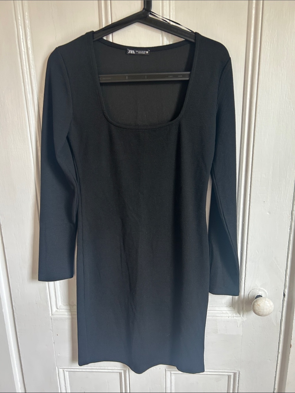 Zara Black Ribbed Square-Neck Long Sleeve Mini Dress